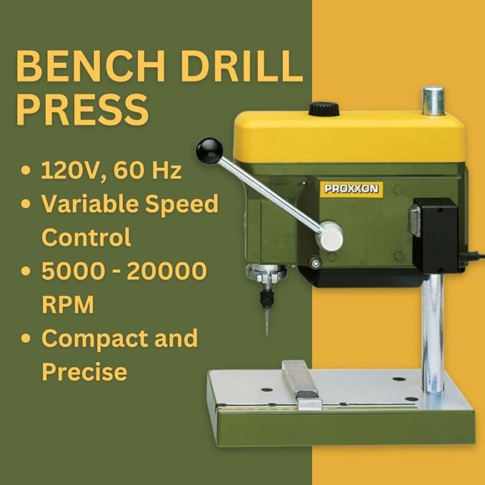 PROXXON Precision Bench Drill Press - Micro Hole Capability, Adjustable Depth & Table, 3-Speed Selection, Durable Design, with 6 Precision Collets for Detailed Projects - TBM 115