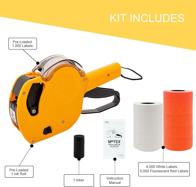 Motex Genuine MX-5500NEW 1 Line 8 Digits Price Tag Gun Kit - Includes 10,000 Blank Labels (White + Red) and 1 Pre-Loaded Inker with 1 Ink Refill - for Grocery Store, Retail Shop, Garage Sale (Yellow)