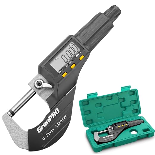 GRENPRO Digital Micrometer Measuring Tool, Professional Inch/Metric Precision Thickness Gauge, DIY and Household Use 0.00005"/0.001 mm Accuracy Micrometers ，Protective Case with Extra Battery