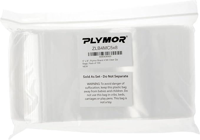 Plymor 5" x 8" (Case of 2,000), 4 Mil Heavy Duty Zipper Reclosable Plastic Bags