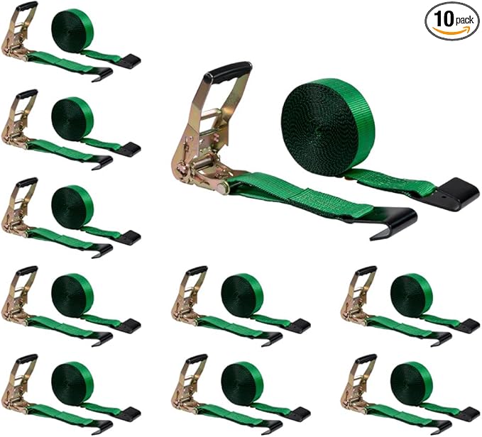 Mytee Products 10 Pack 2" x30' Green Ratchet Straps with Flat Hooks - 3,333 Lbs WLL - High Visibility Heavy Duty Tie Down Ratchet Straps for Flatbed, Truck, Trailers, Cargo, Pickup