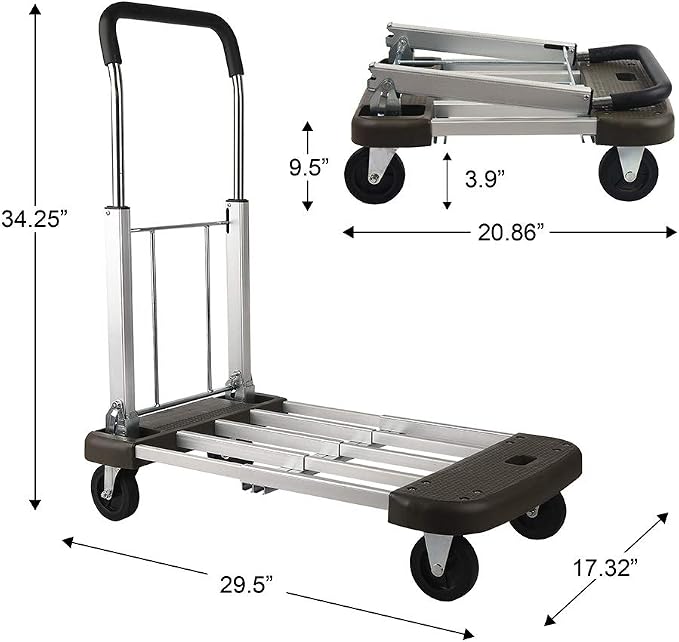 LEADALLWAY Platform Cart Foldable Push Cart Aluminum Adjustable Length Flatbed Cart with Polyurethane Mute Wheel,330-LB Capacity(with 2 Ropes) | Adjustable Length,with Polyurethane Mute Wheel,330-LB Capacity(with 2 Ropes)