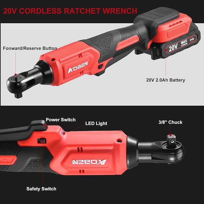 AOBEN 20V 3/8" Cordless Ratchet Wrench Kit, 60 Ft-lbs Brushless Electric Power Ratchet with Variable Speed, 2X2000mAh Lithium-Ion Battery, Charger, 8 Deep Sockets, 1/4" Adaptors, 6" Extension Bar