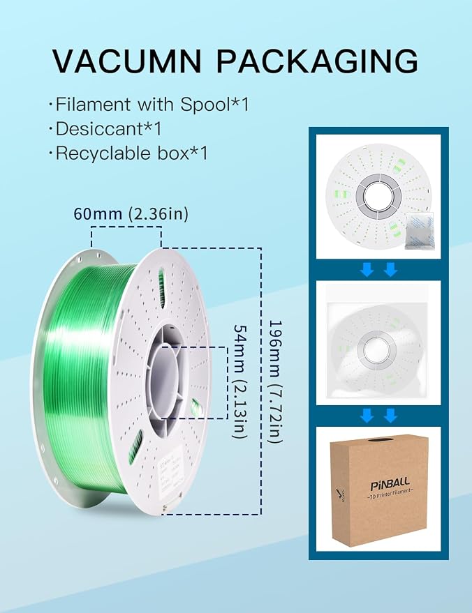 PINBALL Transparent PETG 3D Printer Filament 1.75mm ±0.02mm, Multicolor Clear Rainbow Filament, Translucent PETG Filament, 1KG/2.2lbs