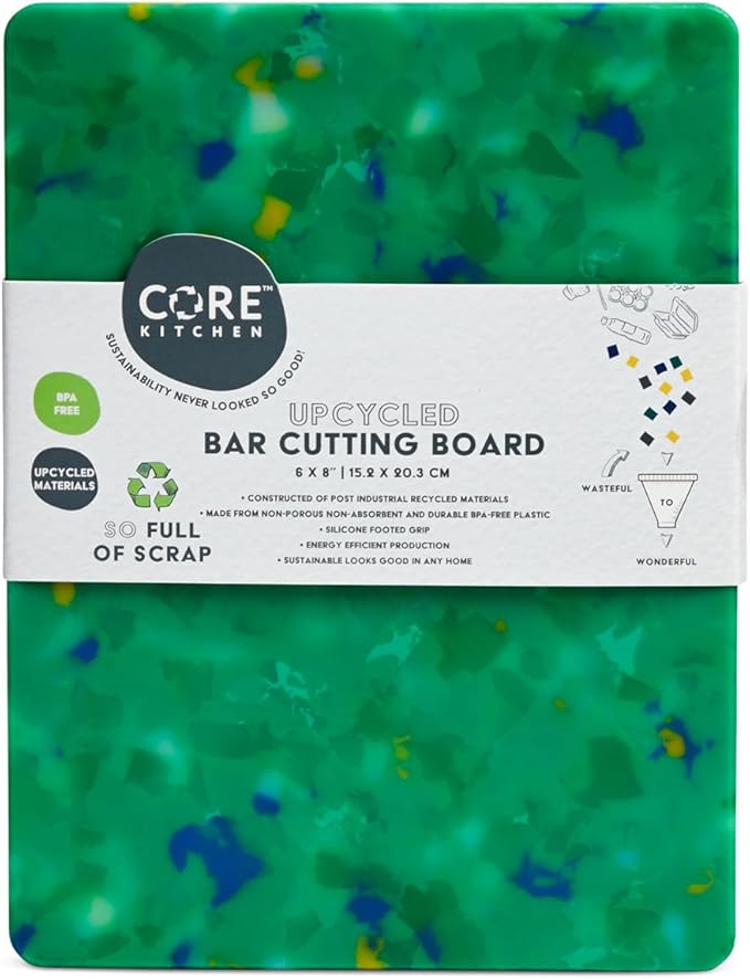 Core Home Upcycled BPA Free 6 x 8 Inch Made of Post Industrial Recycled Plastic Materials Charcuterie Platter Non-Slip Chopping Cutting Board, Green Confetti