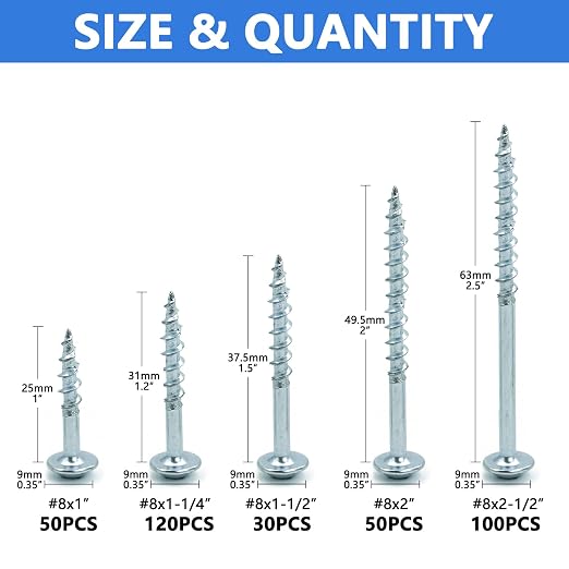 350 PCS Pocket Hole Screws Assortment Kit, 5 Sizes #8 x 1, 1-1/4", 1-1/2", 2", 2-1/2",Square Drive Self Tapping Coarse Thread Wood Screws Set, Zinc Coated, Drive Bit Included Suitable for Indoor