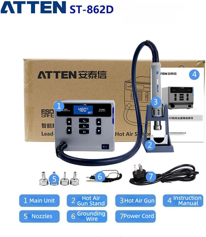 ATTEN ST-862D 1000W Digital Hot Air Rework Station - Temperature Controlled BGA/SMD Rework Station with Straight/Spiral Air Switch, Auto Sleep, 4 Nozzles for PCB Chip Soldering and Desoldering