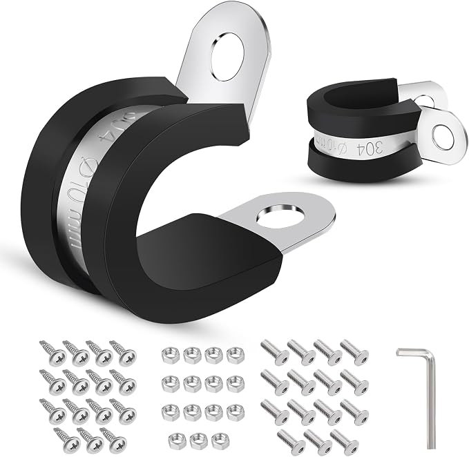 76PCS 3/8Inch(10mm) Cable Clamps, 304 Stainless Steel Wire Clamp, Rubber Metal Hose Clamps With 2 kinds of Screws for Wire Line Clips, Pipe, Hose Bracket, Wire Cord Automotive Installation
