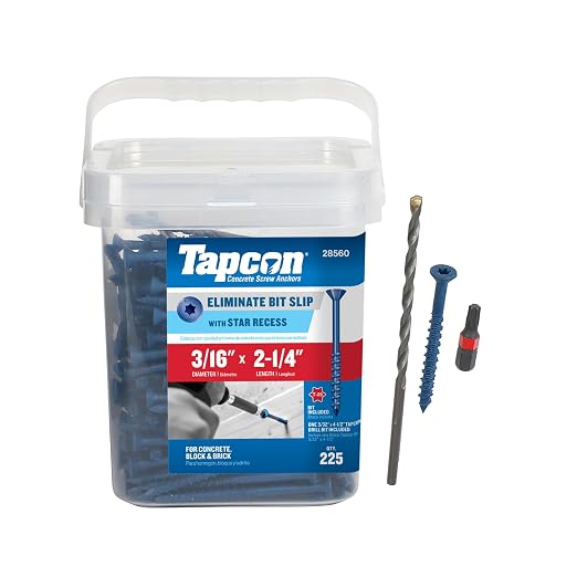 Tapcon 3/16 x 2-1/4 Inch Blue Climaseal® Star Head Concrete Anchors, 225 PCS, Corrosion Resistant Coating, Heavy-Duty Concrete and Masonry Screws, Superior Holding Strength, Drill & T-25 Bit Included
