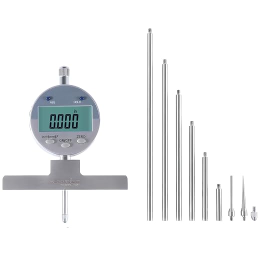 Accusize 0-22 in Digital Depth Gauge with Small-Hole Points, P103-0188 | 6 Connectable Rods, +/-0.001 in Accuracy, 0.0005 in Resolution, 4 in Base, 3/8 in Stem