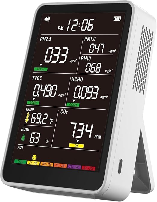 Professional Indoor Air Quality Monitor with AQI Alerts, Portable Real-Time Detector for Home, Car, Plants & Pet