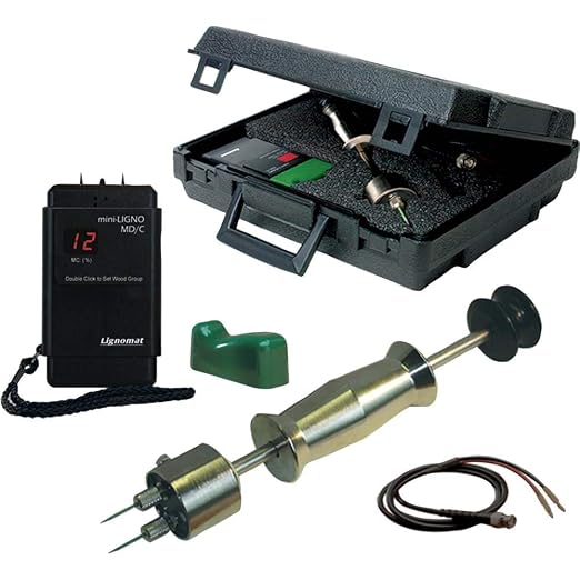 Lignomat Pin Moisture Meter M2-M package, mini-LignoMD/C, E-12, pins, cable, case. Quality control, Lumber Drying, Woodworking, Furniture Production, Flooring, Restoration Flooring Inspection.