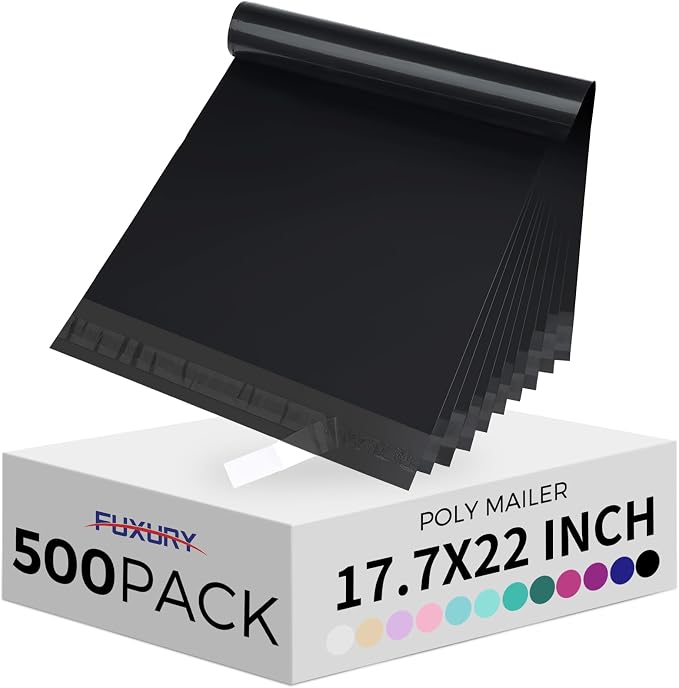 Fuxury 500 Pack 17.7x22" Black Large Poly Mailers Bulk,Waterproof Mailing Envelopes for Clothing,XL Strong Adhesive Self Seal Poly Shipping Bags for Postage Return Books Small Business