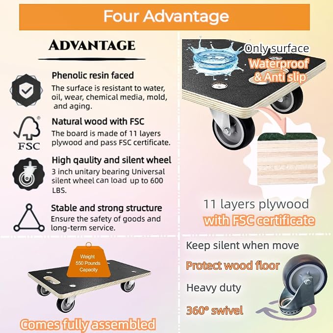 Furniture Dolly 4 Wheels, 22 x 11 inch, Furniture Movers, Two Packs of 1100 lb Load Capacity Heavy Duty Wood Dolly, Moving Dolly with Silent Wheels for Furniture, Piano, Couch, Refrigerator