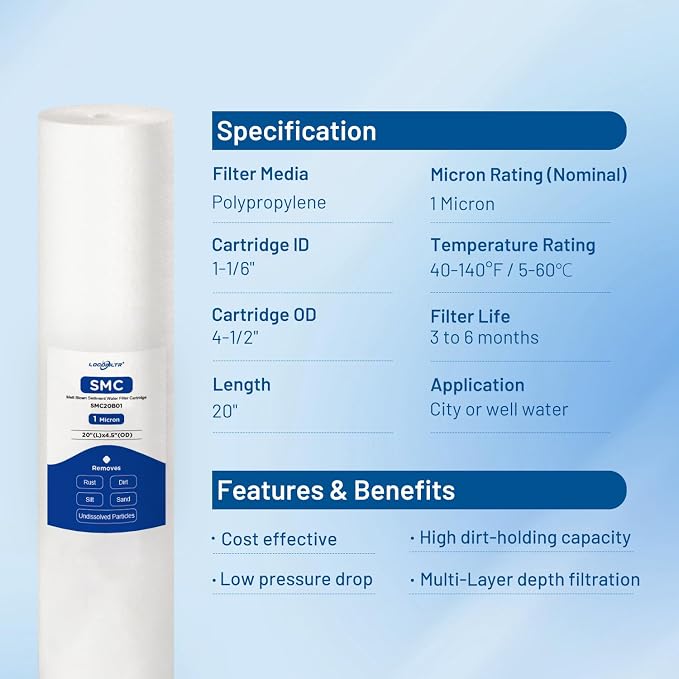 1 Micron 20" x 4.5" PP Whole House Water Filter Cartridge, 2 Pack | Sediment Water Filter Replacement for DGD-2501-20, CFDGD2501-20BB, SDC-45-2001, FP25B, PD1-20BB, FPMB-BB1-20, SDF-45-2001