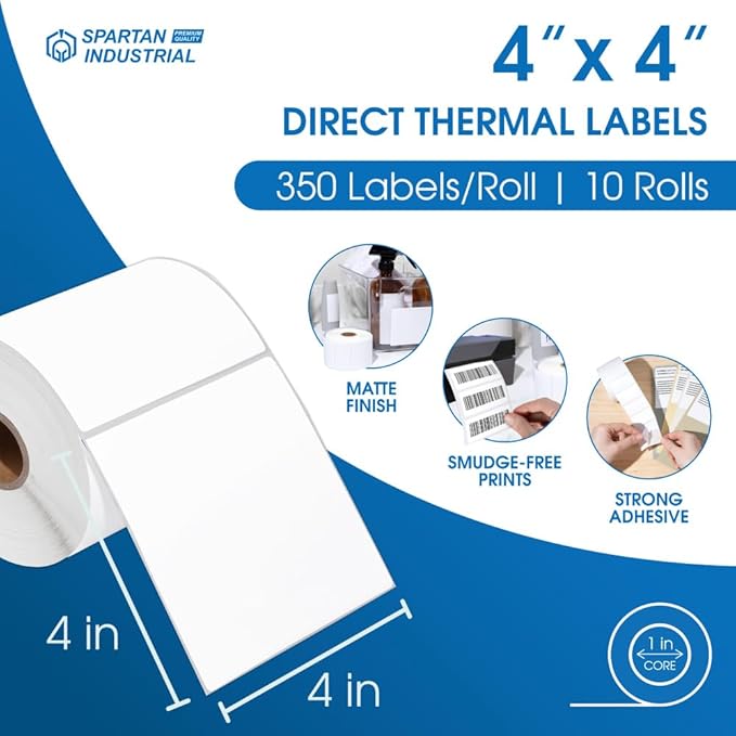 Spartan Industrial - 4" X 4” Direct Thermal Labels (3500 Count, 10 Rolls) Perforated Postage Shipping Labels, UPC Barcode Stickers for Inventory - Compatible with Zebra and Rollo Printers