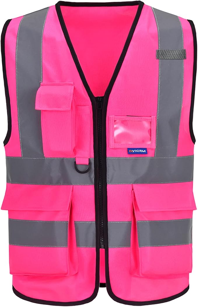 A-SAFETY Reflective Safety Vest with Mic Tabs, Black Front Zipper, Pink, L | Pink L work vest with reinforced zipper pockets, clear PVC ID holder and mic tabs for volunteer events; unisex workwear.