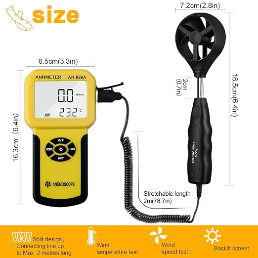 AIOMEST Pro HVAC Anemometer- Air Flow Velocity Meter AI-826A 0.001~100Mph Wind Speed Gauge,Handheld Wind Tester Measuring Airflow Movement Temp with Max AVG Current