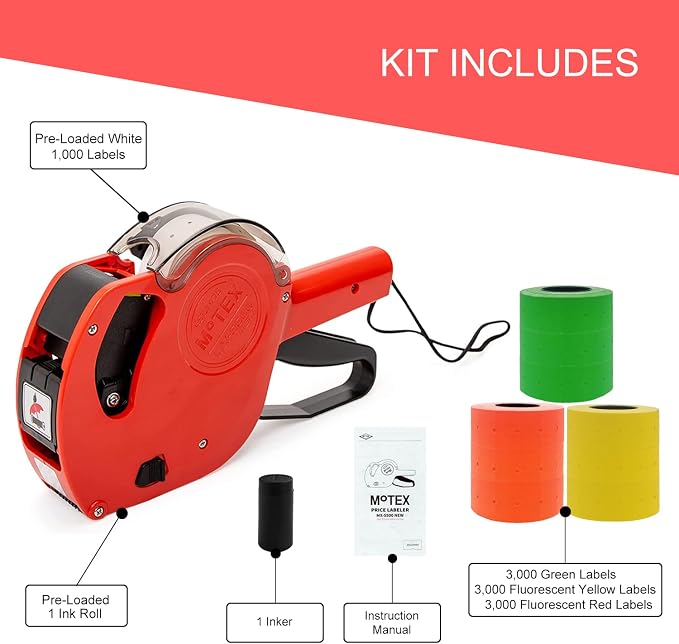 Motex Genuine MX-5500NEW 1 Line 8 Digits Price Tag Gun Kit - Includes 10,000 Blank Labels (White + Red + Yellow + Green) and 1 Pre-Loaded Inker with 1 Ink Refill