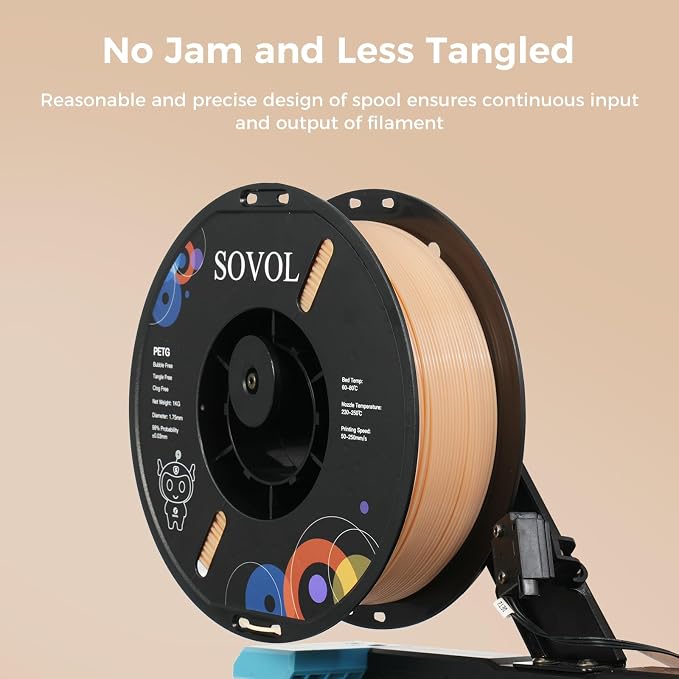 Sovol 3D Printer PETG Filament 1.75mm 1KG (2.2lbs), High Precision, Strong Toughness, Wiring Tightness, Dimensional Accuracy +/- 0.03 mm, 3D Printing PETG Filaments, Skin