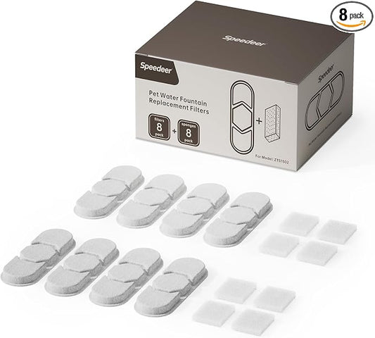 Official 8 Packs Replacement Filters & Pre-Filter Sponges for 4Gal/15L Large Dog Water Fountain ZTS1502