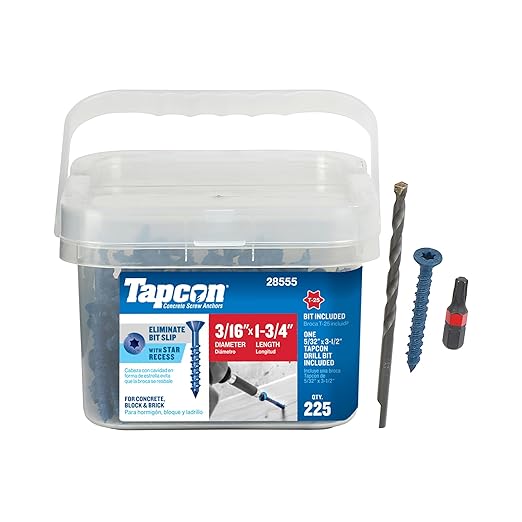 Tapcon 3/16 x 1-3/4 Inch Blue Climaseal® Star Head Concrete Anchors, 225 PCS, Corrosion Resistant Coating, Heavy-Duty Concrete and Masonry Screws, Superior Holding Strength, Drill & T-25 Bit Included