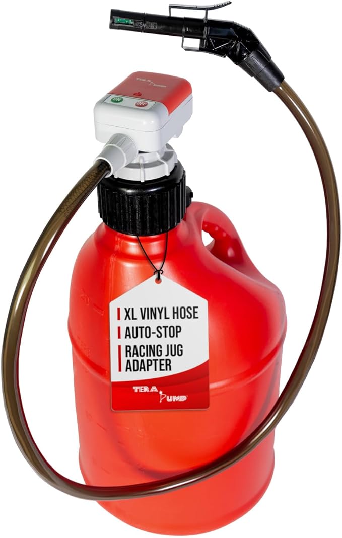 TERA PUMP TRFA01-XL 2nd Gen. Battery Powered Overfill Protection Fuel Transfer Pump w/Universal Gas Can & Utility Jug Adapter, 4.27ft Vinyl Hose, 2.5 GPM for Gas Diesel E15 E85 Fuels | Overfill Protection, Universal Gas Can & Utility Jug Adapter, 4.25f...
