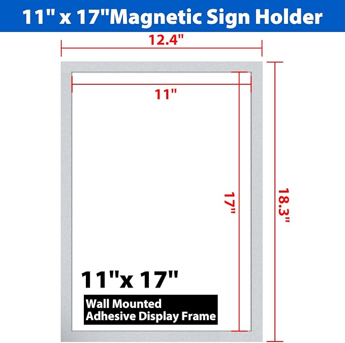 11" x 17" Magnetic Sign Holder, Self-Adhesive Double-Sided Display Frame for Glass, Window, Door, Wall – Magnetic Poster & Document Holder, 20 Pack, Silver