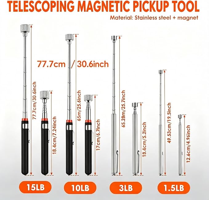 8Pcs Telescoping Magnetic Pickup Tool 1.5LB 3LB 10LB 15LB Extendable Magnet Stick Set Grabber Tools Stainless Steel Portable Bolt Screws Reacher Magnetic Nail Picker for Men Husband Birthday Christmas