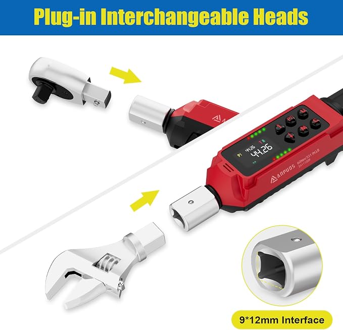 ANPUDS Adjustable Digital Torque Wrench, 0.66-44.29 Ft.lb, ±1% Accuracy | 0.9-60 Nm, 35mm Jaw & 3/8" Ratchet, 9×12mm Open End, Vibration, Buzzer and LED Indicator for for HVAC, Motorcycle, Plumbing