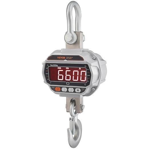 VEVOR Digital Crane Scale, 6600 lbs/3000 kg, Industrial Heavy Duty Hanging Scale with Remote Control, Cast Aluminum Case & LED Screen, High Precision for Construction, Factory, Farm, Hunting (Silver)