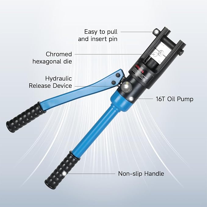 16 Ton Hydraulic Battery Cable Lug Terminal Crimping Tool Kit Wire Crimper with 6AWG to 600MCM 11 Pairs of US Standard Chromed Hexagon Crimp Dies