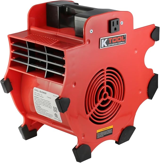 K Tool International 77702 Utility Floor Blower Fan, 300 CFM, 3 Speed Motor, Overload Protection, Impact Resistant ABS, 180 Watt, 110-120V, 60Hz, 12 Amp, 4 Angle Positions, Indoor/Outdoor, Red