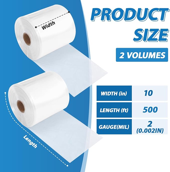 2 Pack 10" x 500' Lay Flat Poly Tube Bags Poly Tubing Roll 2 Mil Clear Food-grade Polyethylene Custom Bag Packaging for Shipping, Storage Food