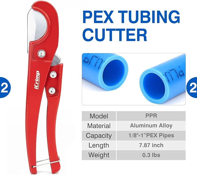 iCrimp PEX Crimping Tool Kit for 3/8-in, 1/2-in, 3/4-in, 1-in PEX Clamp Cinch & Removal, c/w 1/2''(20 Pack) and 3/4''(10 Pack) PEX Clamp Rings, PEX Tubing Cutter