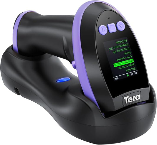 Tera Barcode Scanner Wireless with Screen: Pro Version 1D 2D QR with Setting Keypad Charging Cradle Works with Bluetooth 2.4G Wireless USB Wired Handheld Bar Code Reader HW0009 Purple