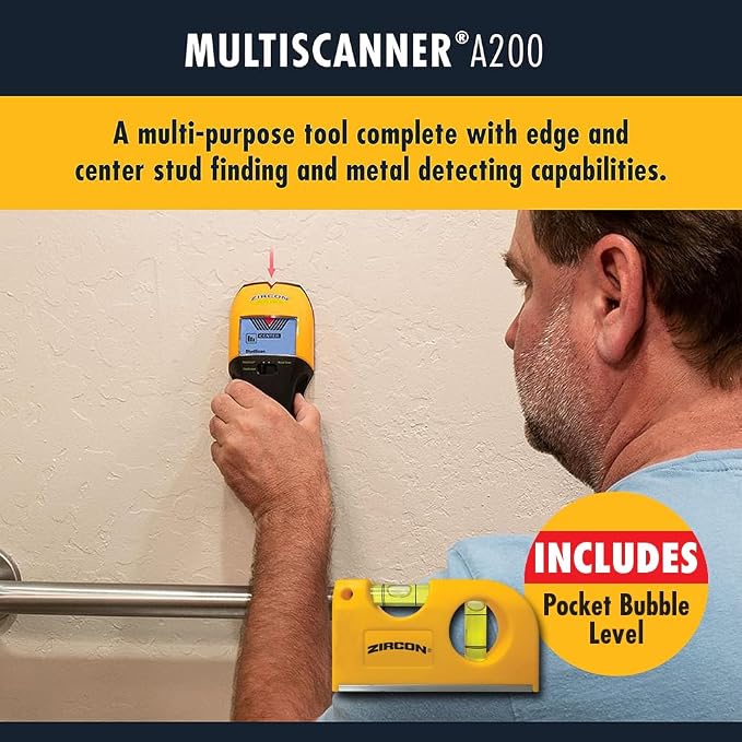 Zircon MultiScanner A200 with Bonus Mini Pocket Level – Electronic Wall Scanner Stud Finder & Metal Detector with Live AC Wire Detection, SpotLite Pointer, ACT Auto-Correcting Technology