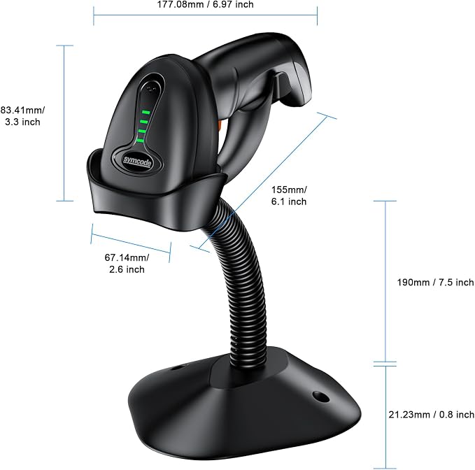 Symcode Barcode Scanner Wireless with Auto-Sensing Stand,Handheld 1D Laser Cordless Bar Code Scanner with Battery Level Indicator and Multiple Scanner to One Receiver