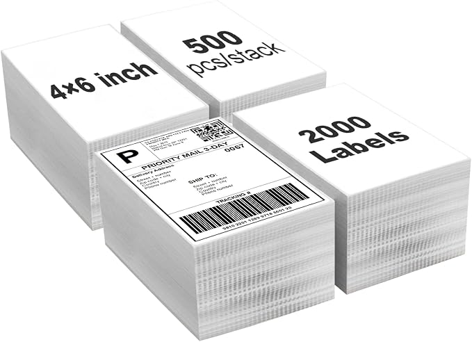 【2000 Labels/4 Stacks】 Labelebal 4" x 6" Fanfold Direct Thermal Labels (101mm x 152mm) Shipping Address Mailing Postage Labels Compatible for Zebra & Rollo Printer Adhesives (500 Labels/Stack)