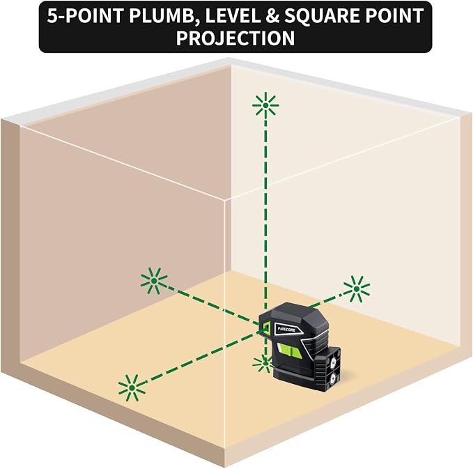Firecore 5-Point Laser Level, Green Beam Self-Leveling Laser Plumb Bob with Magnetic Base, 131-Foot Range, 2 AA Batteries and Carry Pouch Included - F501G