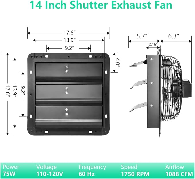 14 Inch Shutter Exhaust Fan,Wall Mount Louvered Exhaust Fan with ON/OFF Switch, Vent Fan for Greenhouse, Garage, Gable, Barn, Shed,Chicken Coops Ventilation Fans 1088 CFM,1750RPM