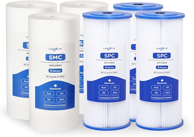 10 x 4.5 Whole House Water Filter Replacement Cartridge, 5 Micron Polypropylene & 5 Micron Pleated Sediment Filter - 6 Pack