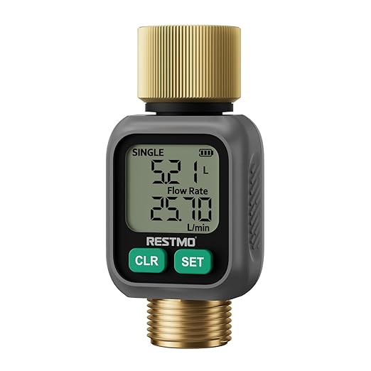 RESTMO Water Flow Meter with Dual Zone Display Screen, Brass Inlet & Outlet Water Meter, ±4% Accuracy, Measure Gallon/Liter Consumption and Flow Rate for RV, Garden Hose, Sprinkler & Nozzle Sprayer