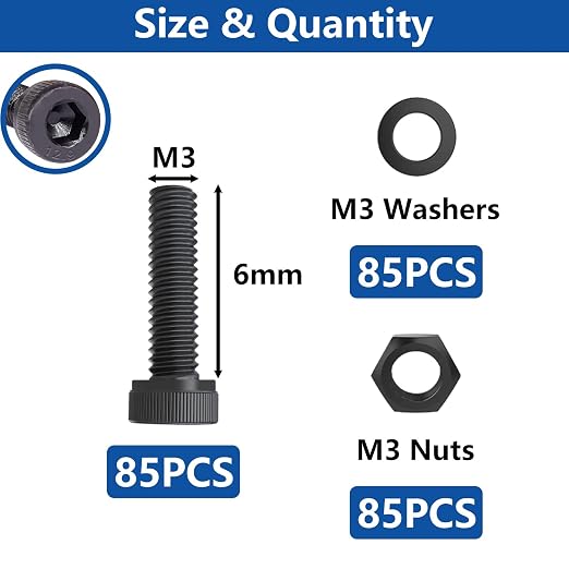 285PCS M3 x 6mm Screws with Nuts and Washers, Hex Socket Head Cap Screws 12.9 Grade Alloy Steel M3 Bolts with Hex Wrench