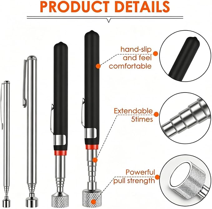 8Pcs Telescoping Magnetic Pickup Tool 1.5LB 3LB 10LB 15LB Extendable Magnet Stick Set Grabber Tools Stainless Steel Portable Bolt Screws Reacher Magnetic Nail Picker for Men Husband Birthday Christmas
