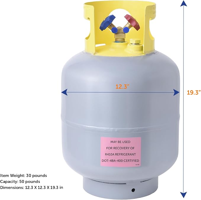 Flame King 50LB Refrigerant Recovery Cylinder Tank, 400 PSI, Dual Y-Valve Liquid/Vapor, Heavy-Duty Steel, HVAC Recovery & Storage