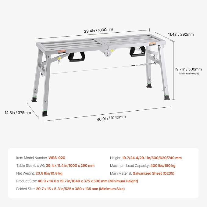 VEVOR Work Platform, 39"x 12" Portable Scaffolding Platform, Folding Steel Step Ladder Adjustable Height 19.7”-29.1”, 400 lbs Load Capacity, Non-Slip Drywall Painting Stool for Cleaning &Washing