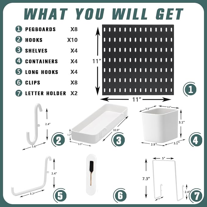 MULSAME Pegboard Combination Kit, Wall Mounted Storage Set with 8 Pegboards & 32 Accessories Hanging, Black Peg Boards Organizer for Walls Display, Crafts Organization, Kitchen Organizer, 22" x 44"
