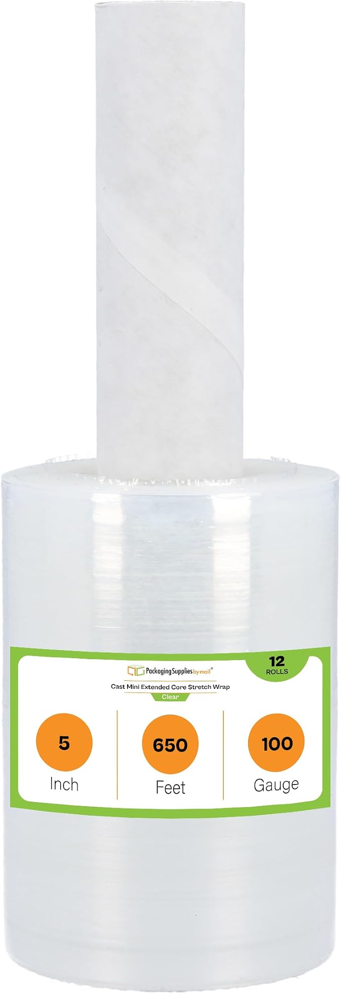 PSBM Mini Plastic Stretch Wrap Film with Handles 5"x650' 100 Gauge 12 Rolls | Extended Core Handles, Heavy Duty Upto 500% Strength Plastic Shrink Film for Moving, Packing, Shipping & Industrial Packaging
