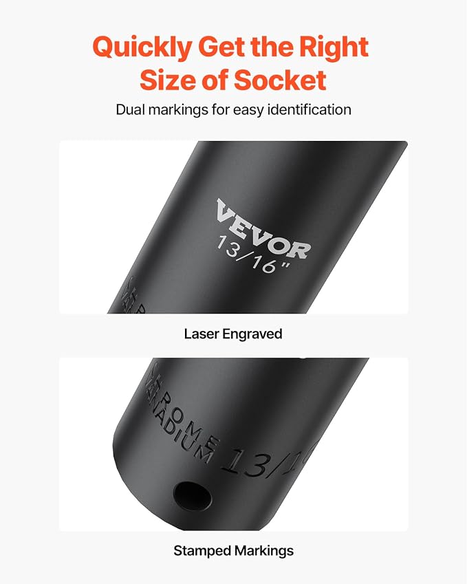 VEVOR Impact Socket Set, 1/2" 19 Piece Impact Sockets, Deep Socket, 6-Point Sockets, 1/2 Inches Drive Socket Set Impact 3/8 inch - 1-1/2 inch, Cr-V Rugged Construction, with a Storage Cage
